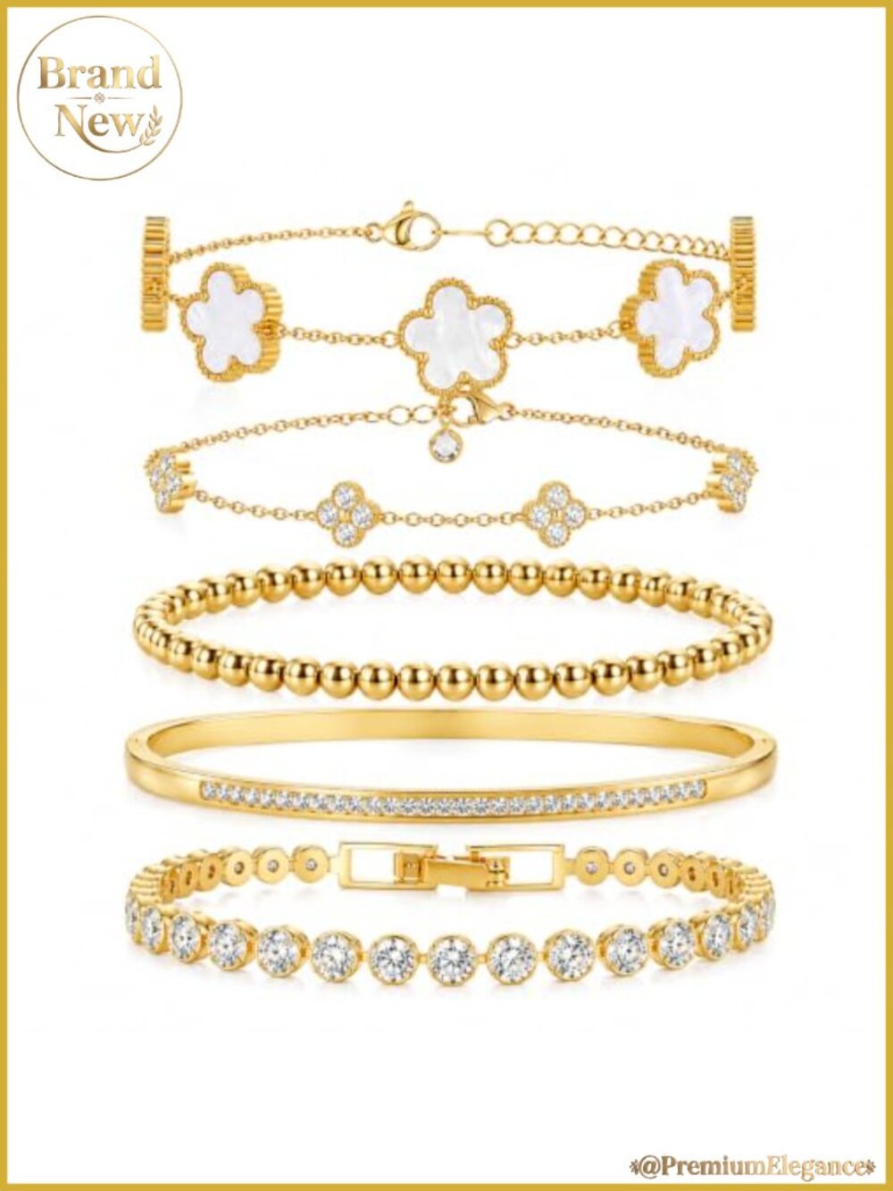 18K Gold Plated Clover Bracelet Set, Stackable Adjustable Beaded Chain Jewelry